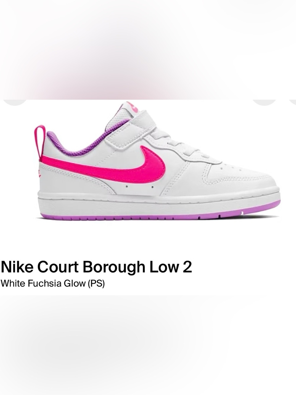 Nike Kids White Sneaker with Bright Pink Swoosh and Purple Trim